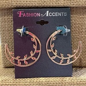 NWT Fashion Accents Earrings gold tone hoops w/ leaves accents